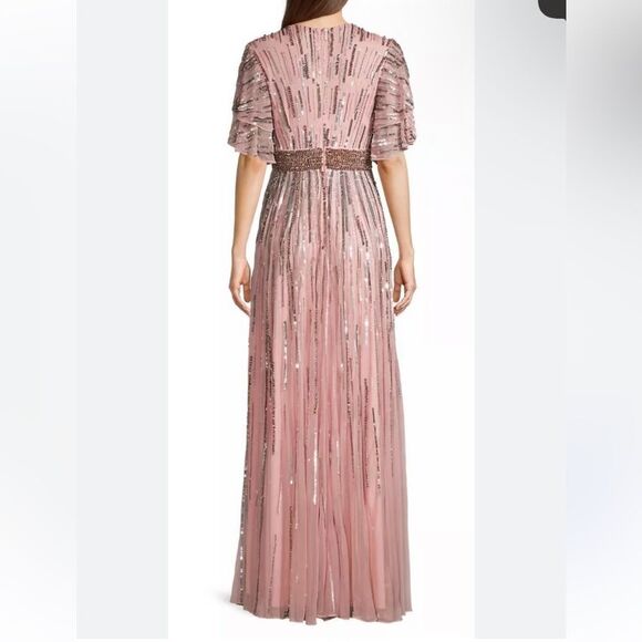 Mac Duggal Blush Sequin Embellished Full Length Layered Sleeve Gown Dress - Picture 3 of 13
